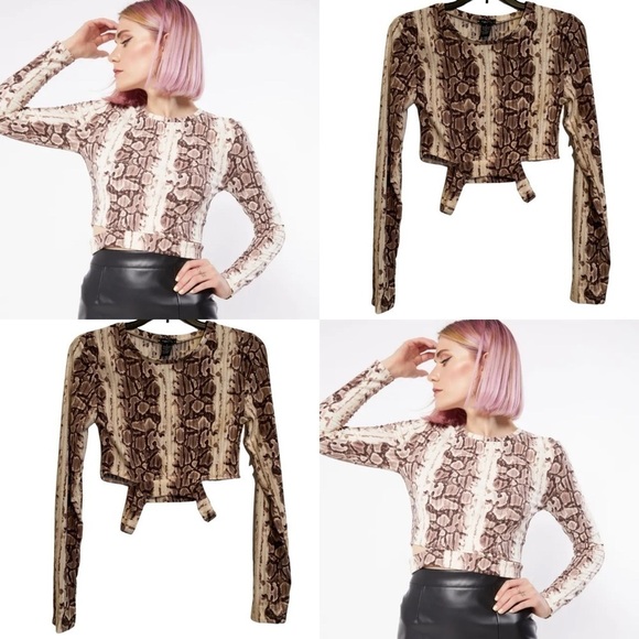 Rue21 Sz Small Brown & Tan Snake Skin Pattern & Side Cutout Long Sleeve Crop Top - Picture 2 of 5